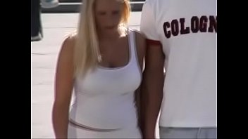 busty candid blonde teen with tight white top,.